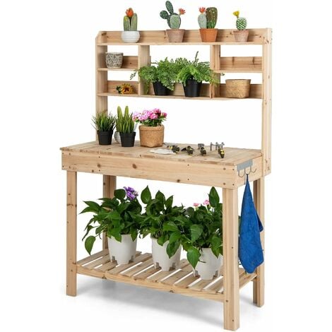Table de rempotage jardinage multi-équipée - tiroir, 3 étagères, évier, 3  crochets - bois sapin pré-huilé gris