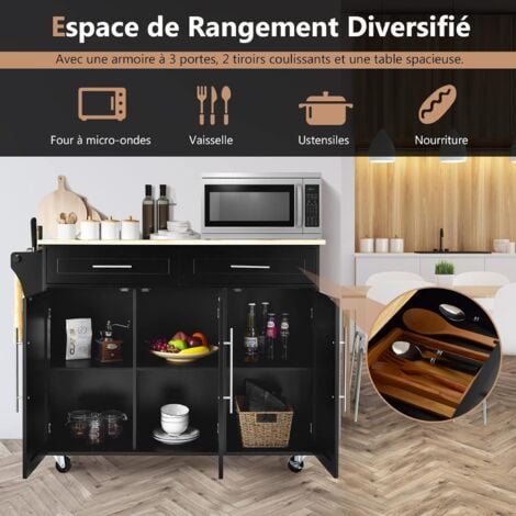 GOPLUS Desserte Îlot de Cuisine à roulettes en Bois avec 2 Placards étagère 2 Niveaux Réglables et 2 Tiroirs, 122 x 46 x 93 CM, Noir