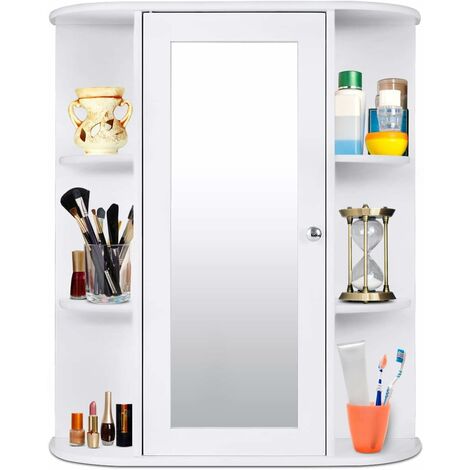 GOPLUS Armoire Salle de Bain Murale avec Miroir, Grande Espace de Stockage, Matériaux Ecologiques, 60 x 17 x 70cm, Blanc (1/5)