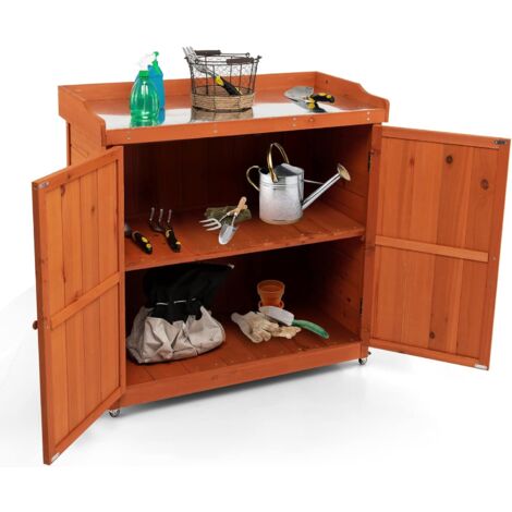 GOPLUS Armoire à Outils en Bois de Sapin, Abri de Stockage pour Outils avec 4 Roues Universelles et étagère Amovible,98,5X48X100 CM (1/5)