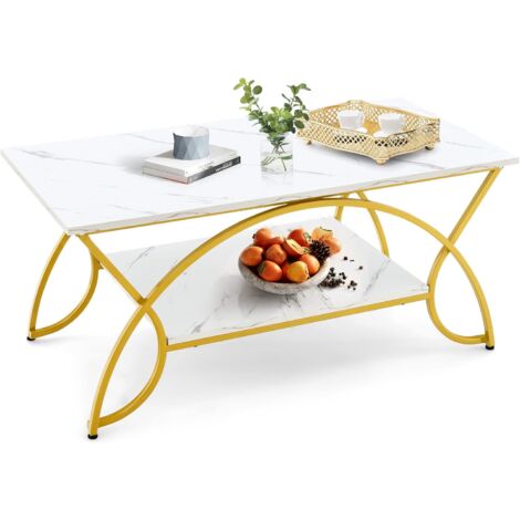 GOPLUS Table Basse à 2 Niveaux, Table Basse Moderne Réglable avec Cadre Doré en Métal, 50P x 100l x 45H cm, Charge Max 70 KG, Blanc (1/5)