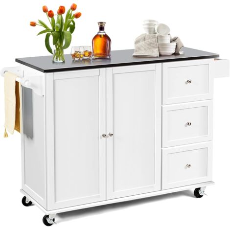 Goplus – Desserte de cuisine 135 x 45,5 x 91,5 cm – 3 tiroirs – 1 armoire à double portes – Plateau en acier inoxydable – 5 roulettes pivotantes