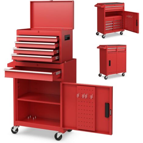 GOPLUS Servante d’Atelier avec Coffre Amovible,Coffre à Outils Roulant avec 5 Tiroirs/Armoire Réglable,pour Garage/Atelier,Rouge