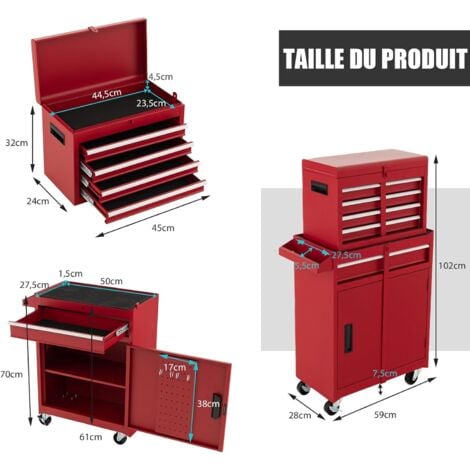 GOPLUS Servante d’Atelier avec Coffre Amovible,Coffre à Outils Roulant avec 5 Tiroirs/Armoire Réglable,pour Garage/Atelier,Rouge
