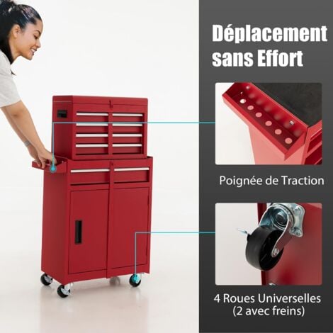 GOPLUS Servante d’Atelier avec Coffre Amovible,Coffre à Outils Roulant avec 5 Tiroirs/Armoire Réglable,pour Garage/Atelier,Rouge