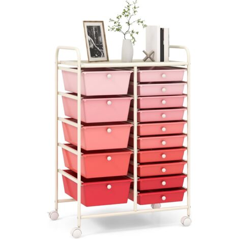 GOPLUS Chariot à roulettes avec 15 Tiroirs, Cadre en Fer&Tiroirs en Plastique, Chariot de Rangement à 4 Roulettes, 2 avec Frein, pour Chambre, Bureau, 63 x 37 x 87 CM(Rose Dégradé)