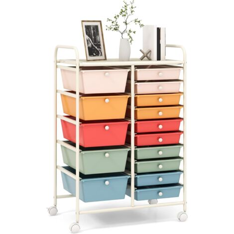 GOPLUS Chariot à roulettes avec 15 Tiroirs, Cadre en Fer&Tiroirs en Plastique, Chariot de Rangement à 4 Roulettes, 2 avec Frein, pour Chambre, Bureau, 63 x 37 x 87 CM(Multicolore)