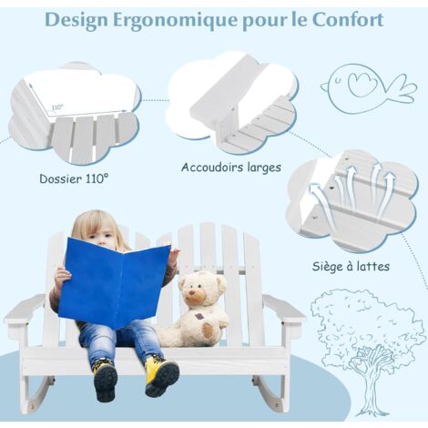 Chaise à Bascule Enfant 2 Places GOPLUS - Bois Sapin - Jardin Extérieur - Charge 100 Kg - Blanc/Café