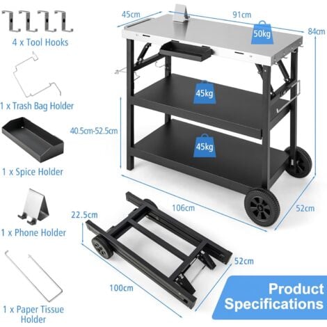 Desserte Jardin Pour Plancha Barbecue 3 Niveaux, Îlot Cuisine Avec Plan De Travail Pliant,Porte-Serviettes,Charge 100KG,127x50x84CM | Leroy Merlin