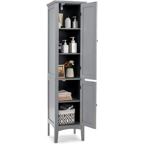 Goplus – Colonne de salle de bain 38x38x160 cm – 2 portes – 5 étagères amovibles – Dispositif anti-basculement – MDF gris (1/5)