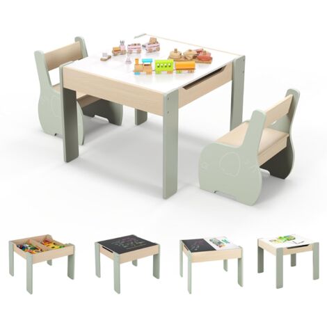 GOPLUS Ensemble Table et Chaises pour Enfants 3PCS, avec Plateau Rabattable, Dossier Ergonomique, 4-en-1 Table d'Activités en MDF avec Motif d'éléphant, pour 3-6 Ans(Vert) (1/5)