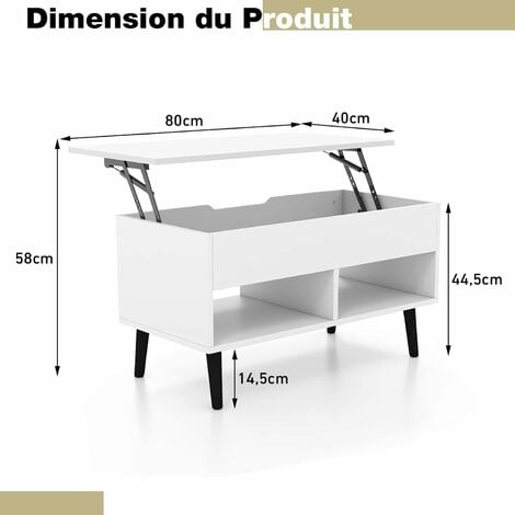 GOPLUS Table Basse Relevable à Gaz avec 1 Plateau, 80Lx40l cm,, Table Basse Rectangulaire avec 3 Compartiment, Style Modern, Blanc