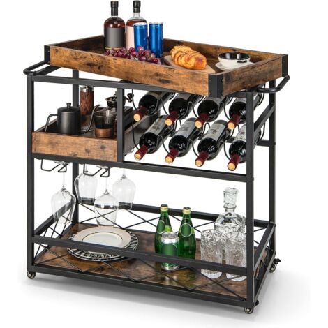 GOPLUS Chariot à Vin à 3 Niveaux avec Plateau Amovible, Desserte Industriel Rustique à Domicile avec Porte-Bouteilles et Porte-Verre, Chariot de Bar pour Salon, Cuisine, Salle à Manger (1/5)