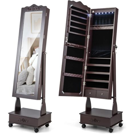 GOPLUS  Armoire à Bijoux sur Pied à Roulettes Verrouillables avec Miroir Pleine Longueur,Lumières LED,Serrure à Clé,Marron