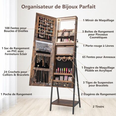 Armoire à Bijoux Sur Pied Avec Miroir 2-en-1 Verrouillable Marron – Organisateur Colliers, Bagues, Bracelets & Boucles D'Oreilles, 157 Cm