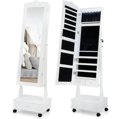 GOPLUS  Armoire à Bijoux sur Pied à Roulettes Verrouillables avec Miroir Pleine Longueur,Lumières LED,Serrure à Clé,Blanc