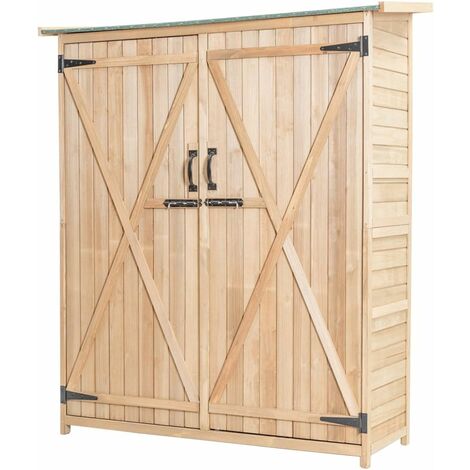 Goplus – Coffre de jardin en bois sapin – Toit en asphalte imperméable – Double porte verrouillable – 140x50x162 cm – 2 étagères amovibles - res-140x50x162cm-Naturel (1/3)