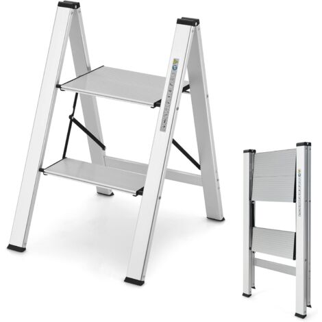 GOPLUS Escabeau Pliable à 2 Marches avec Cadre en Aluminium Robuste et Léger,49x44x66CM,Charge 150KG (1/5)
