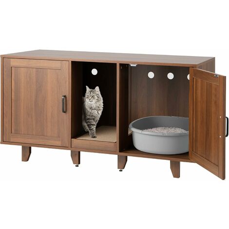 Goplus – Maisonnette pour chat 3 en 1 – Meuble TV jusqu'à 50 pouces – 2 portes d'accès – Planche à griffer amovible – MDF et bois d'ingénierie – Marron (1/5)