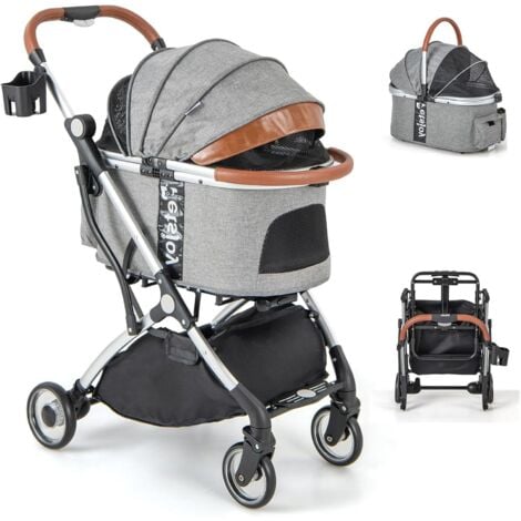 GOPLUS Poussette pour Animaux 3-en-1, Poussette Pliant de Transport à 4 Roues pour Chat / Chien avec Panier de Rangement, Gris