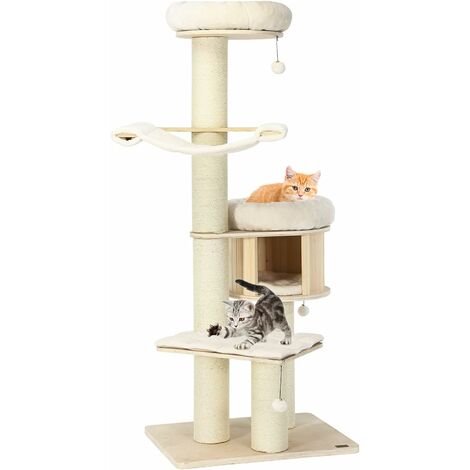 GOPLUS Arbre à Chat en Bois à 5 Niveaux 174cm avec Coussin en Peluche, Arbre à Chat avec Hamac, Condo Privé avec Lit pour Chat (1/5)