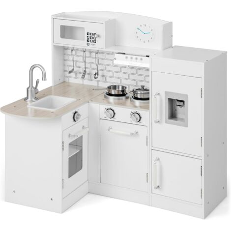 Cuisine Jouet En Bois D'angle Pour Enfant - Avec Lumières & Sons - Évier, Four, Hotte, Accessoires - Pour Filles Et Garçons 3+ Ans - Rose