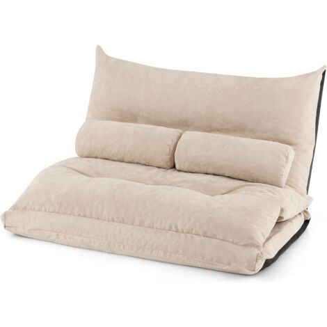 GOPLUS Fauteuil de Sol Convertible 2 Places 180 x110 cm, Pliable avec Dossier Réglable sur 42 Positions, 2 Coussins Lombaires, Beige (1/5)