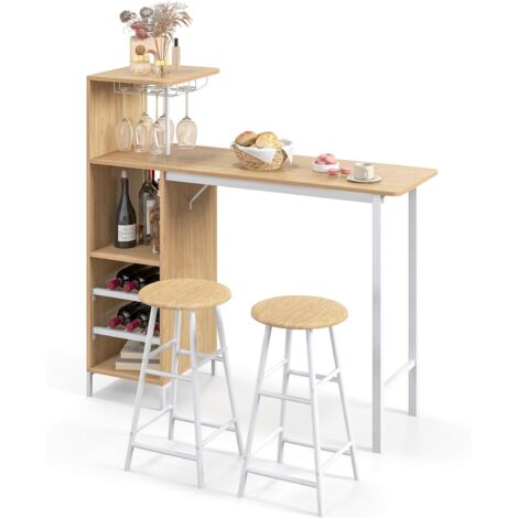 GOPLUS Set Table à manger&2 Chaise, Ensemble 3 Pièce,120 x 40 x 35cm, Etagère à Vin à 2 Niveaux&Etagère de Stockage Ouverte,Naturel (1/5)