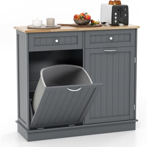 Goplus – Buffet de cuisine 100x35x90,5cm – Îlot avec 2 tiroirs, armoire à déchets, étagère réglable – Plateau en caoutchouc gris