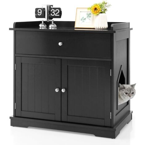 Goplus – Maison de toilette pour chat 76 x 53 x 74 cm – Meuble litière avec 2 portes et tiroir – Trous d’aération – MDF marron