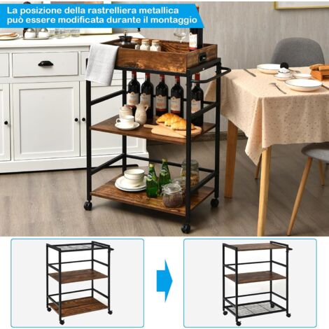 GOPLUS Desserte Cuisines 72,5x40x93cm, Chariot de Cuisine à 3 Niveaux avec Plateau Amovible, roulettes Verrouillables, Charge 60KG