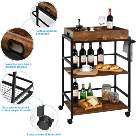 GOPLUS Desserte Cuisines 72,5x40x93cm, Chariot de Cuisine à 3 Niveaux avec Plateau Amovible, roulettes Verrouillables, Charge 60KG