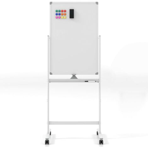 GOPLUS Tableau Blanc Magnétique Vertical 60x90CM Rotatif à 360° Hauteur Réglable sur 2 Positions,4 Roues Universelles,Blanc