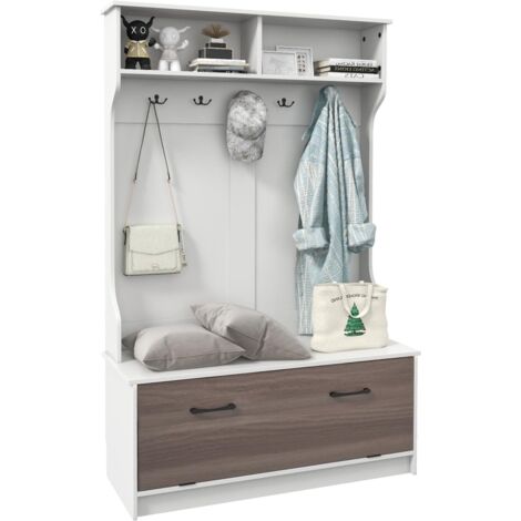 Goplus – Portemanteau avec banc et armoire de rangement – 5 crochets doubles – Dimensions 100x40x160 cm – Charge maximale 90 kg – MDF et bois de haute qualité (1/5)