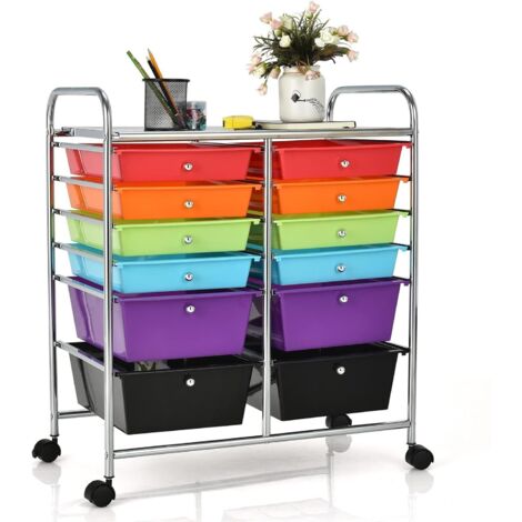 GOPLUS Chariot de Rangement 12 Tiroirs, 64 x 38 x 75 CM, Tour de Rangement à roulettes, Cadre en Acier, pour Chambre, Coloré A