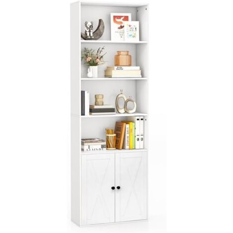 GOPLUS Bibliothèque Autoportante à 6 Étagères,avec Portes de Style Ferme et Étagères Réglables pour Bureau, Salon, Étude,Blanc (1/5)