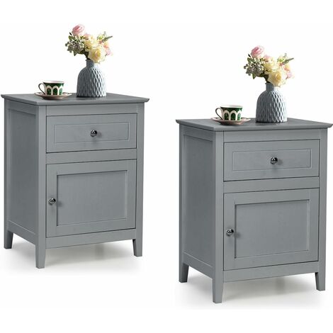 GOPLUS 2 Tables d'Appoint à 2 Niveaux avec Plateau Spacieux,Armoire de Rangement avec Tiroir et Etagère Réglable,Gris (1/5)