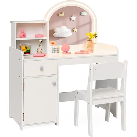 GOPLUS Coiffeuse Enfant avec Lumière LED Bicolores, Table de Maquillage Fille avec Mirroir Acrylique, Ensemble Coiffeuse et Tabouret avec Étagère, Tiroirs et Armoire, Cadeau pour Fille 3+ Ans, Blanc