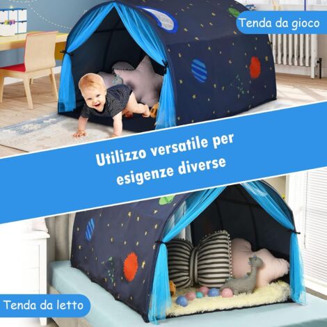 DREAMADE Tente De Lit Enfant 144x102x82 Cm – Rideaux Translucides, Tunnel Pliable, 2 Poches Intérieures – Intérieur/extérieur, Bleu