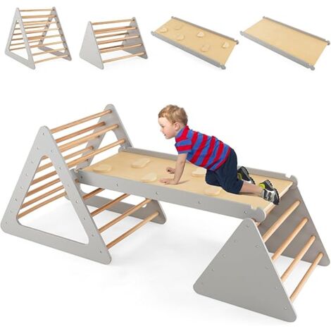 Goplus – Toboggan d'escalade 3 en 1 Montessori pour enfants – 2 triangles en bois – Rampe réversible avec surface glissante – Charge 60 kg – Gris (1/5)