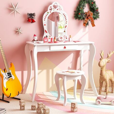 Coiffeuse Enfant Homfa Avec Miroir Et Tabouret – Table De Maquillage En Bois Blanc