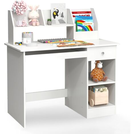 Bureau Enfant Avec Chaise Et Tiroirs - 90x42x51 Cm, Blanc Et Bois - Table De Jeu Et Étude