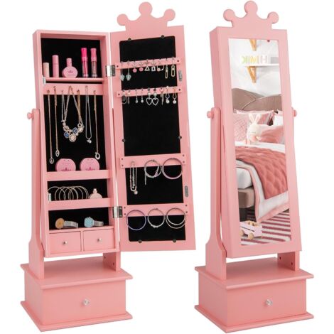 GOPLUS Armoire à Bijoux pour Enfant avec Miroir Pleine Longueur,3 Tiroirs et 4 Étagères,13 Crochets et 18 Emplacements,Rose (1/5)