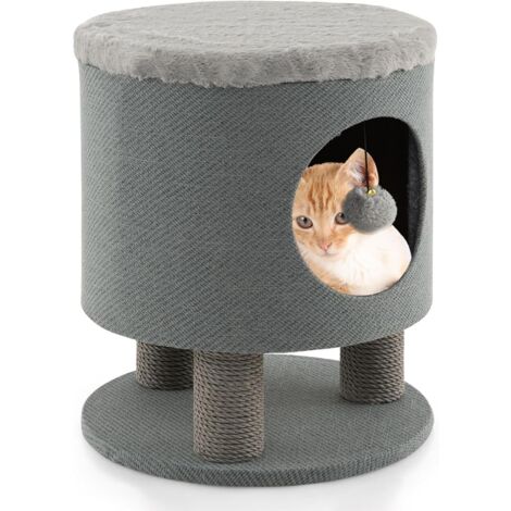 GOPLUS Maison de Chat 3 en 1 avec Griffoirs, Balle en Peluche, Arbre à Chat Transformable en Tabouret/Pouf, Gris (1/5)
