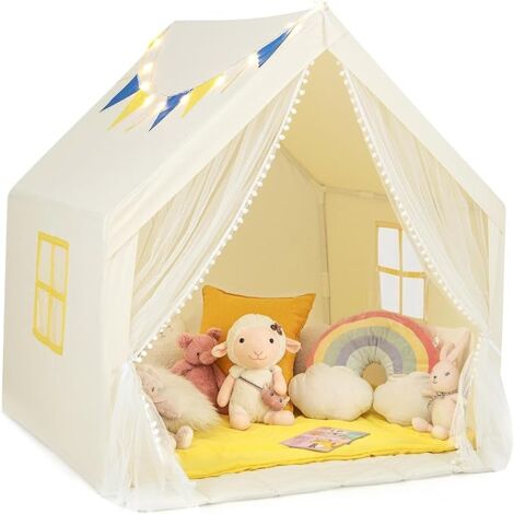 Tipi Enfant En Coton Pliable 120x120x140 Cm - Avec Tapis Et Guirlande Lumineuse 3m - Jaune - Intérieur/extérieur