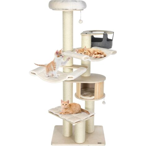 Goplus – Arbre à chat 197cm en bois de pin – 7 niveaux avec hamac rotatif 200° – Griffoirs en sisal – Coussins lavables – Blanc crème (1/5)