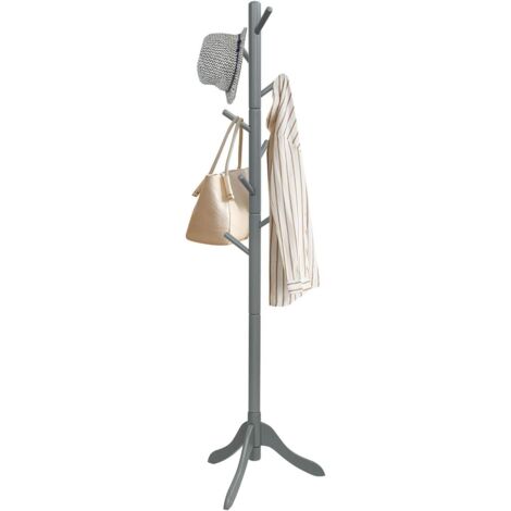 GOPLUS Porte-manteau en Bois d’Hévéa,avec 8 Crochets Pratiques et Base de Trépied Stable,Assemblage Facile,pour Entrée,Chambre,Gris (1/5)