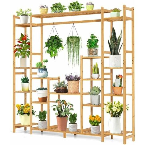 GOPLUS 9 Niveaux Étagère à Fleurs en Bambou, Support pour Plantes avec Dispositif Anti-basculement, 167x30x166cm (1/5)