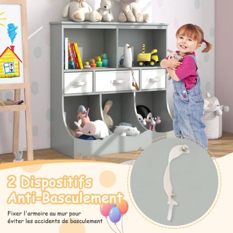 Bibliothèque Enfants 8 Cubes GOPLUS – 5 Compartiments + 3 Tiroirs Tissu, Rangement Jouets Et Livres – Blanc, 93x40x94 cm