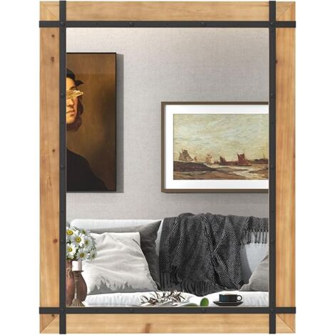 GOPLUS 100x77 cm Miroir Mural Décoratif, Miroir Rectangulaire Salle de Bain, Cadre en Bois, Miroir Suspendu Rustique avec Crochets (1/5)